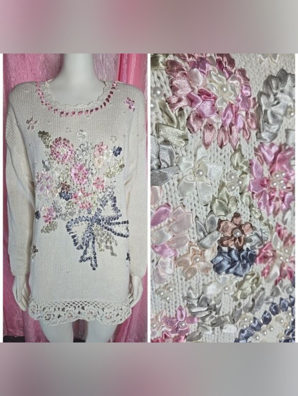 New Concepts Vintage Cottagecore Ivory Knit Pearls Ribbon Sweater Size Medium